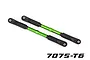 Two green anodized aluminium camber linkages with black plastic rod ends on a white background.