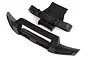 Traxxas front bumper and mounting bracket in black plastic, viewed from an elevated angle against a white background.