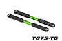 Two Traxxas green anodized aluminium turnbuckles with black plastic rod ends on a white background.