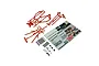 Kyosho red roll cage frame set for RC Javelin buggy, including metal plates, small hardware, and a decal sheet on a white background.