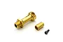 Kyosho gold anodized aluminium rear wheel hub component with a matching spacer and a single black hex screw on a white background.