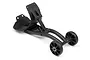 A black plastic wheelie bar set for an RC vehicle, featuring a mounting bracket and two small wheels on a support arm.