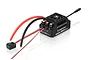 Hobbywing EzRun Max5 HV G2 brushless ESC with cooling fan, thick power wires, and an external power switch on a white background.