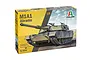 Italeri 1/35 scale M1A1 Abrams tank plastic model kit box, featuring artwork of a camouflaged tank on a desert background.