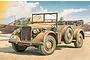 Box art illustration of a tan Horch 901 military staff car parked in a desert setting with a fighter plane in the background.