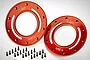 Two red anodized aluminium beadlock rings with Rovan branding and a set of black mounting screws on a white background.