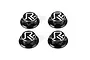 Four black aluminium Rovan tyre nuts arranged in a square formation on a white background.