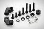 A collection of black metal screws, washers, plastic mounts, and a silver metal bracket for RC engine assembly.