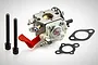 Rovan 1107 carburettor assembly with two long mounting bolts and two black gaskets on a white background.