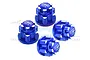 Four blue anodized aluminium wheel nuts for RC cars, featuring a star-shaped design and GPM Racing branding.