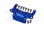 A blue anodized aluminium rear lower gearbox mount for an RC car by GPM Racing, shown with several small silver mounting screws.
