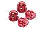 Four red anodized aluminium wheel nuts for RC cars, featuring GPM Racing branding and 7075 alloy marking.