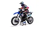 Losi 1/4 scale Promoto-MX Club MX RC motorcycle with rider figure on a black display stand against a white background.