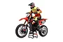 Losi 1/4 scale Promoto-MX electric RC motorcycle in FXR livery, featuring a rider figure on a black display stand against a white background.