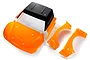 Orange and black Rovan 1/5 scale short course RC truck body shell set with separate fender panels on a white background.