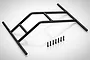 A black metal roll cage upgrade part for a 1/5 scale RC car, shown with seven small black mounting screws on a white background.