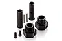 Rovan black aluminium reinforced front axle kit components including axle shafts, wheel hexes, pins, and screws on a white background.