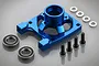 A blue anodized aluminium high flow clutch bell brace for RC cars, shown with two ball bearings, four metal washers, and four black screws.