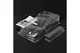 Clear, unpainted Blitz 1/8 GT6 Pista RC car body shell with included wing, decal sheet, and small plastic parts on a black background.