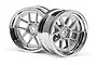 Two HPI Racing DY-Champion RC car rims with a chrome finish and silver spokes, shown from a side angle against a white background.