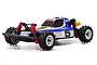 Kyosho Mini-Z Optima 4WD electric RC buggy in blue and white with number 5 on the side, viewed from a front-side angle.