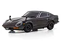 A studio shot of a maroon Kyosho Mini-Z Nissan Fairlady 240ZG RC car on a white background.
