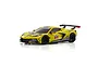 A yellow Kyosho Mini-Z Chevrolet Corvette C8.R pre-painted RC body shell viewed from a front three-quarter angle against a white background.