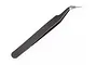 A pair of black bent-tip tweezers with a clear plastic protective cap on the tip, set against a plain white background.