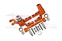 GPM Racing orange anodized aluminium steering bell crank and drag link assembly for RC cars, including bearings, screws, and nuts.