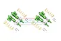 Four green GPM Racing adjustable piggyback shock absorbers with gold springs and mounting hardware on a white background.