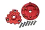GPM Racing red anodised aluminium transmission cush drive housing set with mounting screws on a white background.