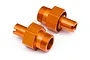 Two orange anodized aluminium heavy duty front hex hubs for HPI Baja RC cars, shown against a white background.