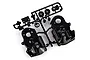 A black plastic Tamiya D parts sprue containing various RC car components, including gear covers and small circular parts, on a white background.