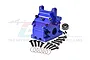 A blue anodized aluminium gearbox case set by GPM Racing with included screws, washers, and a ball bearing on a white background.