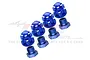 A set of blue anodized aluminium wheel hexes and locking nuts for RC cars, featuring GPM branding and 7075 alloy markings.