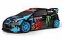 HPI Racing 1/18 scale pre-painted Ford Fiesta body shell featuring Ken Block's Monster Energy livery with blue wheels on a white background.