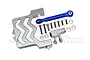 GPM Racing silver aluminium servo mount, blue tie rod, and 25T servo horn with included screws and washers on a white background.