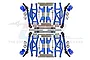 A complete GPM Racing blue aluminium upgrade kit for RC cars, including suspension arms, CVD driveshafts, steering knuckles, and various hardware.