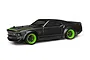 A 1/18 scale pre-painted HPI Micro RS4 1969 Ford Mustang RTR-X body shell in metallic grey with bright green accents and wheels.