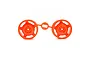 Two bright orange Tamiya RC buggy front rims still attached to their plastic parts tree on a white background.