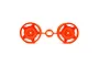 Two bright orange RC buggy rear rims attached to a central plastic sprue tree on a white background.