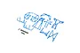 A set of blue plastic RC roll cage components and a collection of black metal screws laid out on a white background.