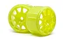 Two bright yellow plastic RC car rims for HPI Micro RS4, shown from a side and front angle against a white background.