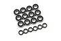 A collection of various sized metal ball bearings with black rubber seals arranged on a white background.