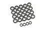 A collection of various sizes of rubber shielded metal ball bearings arranged on a white background.