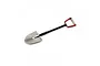 A miniature scale model shovel with a silver blade, black handle, and red D-shaped grip against a white background.