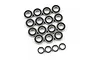 A collection of nineteen rubber-shielded ball bearings arranged on a white background.