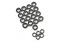 A collection of various sized metal ball bearings with black rubber seals arranged on a white background.