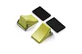 Two yellow alloy RC car tyre stoppers with metal loops and two rectangular black adhesive foam pads on a white background.