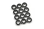 A collection of twelve identical metal ball bearings with black rubber seals arranged on a plain white background.